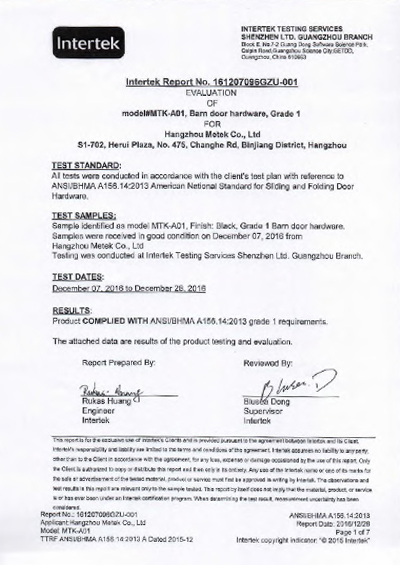 ANSI BHMA A156.14 test report for Iron black sliding system