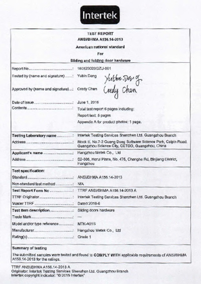 ANSI BHMA A156.14 test report for stainless steel 304 sliding system