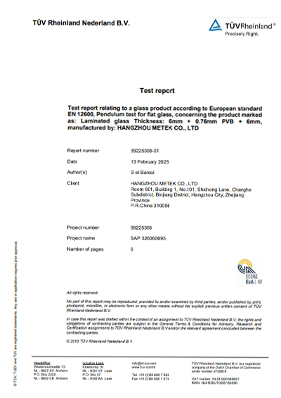 Canopy laminated 6+0.76 PVB+6 glass EN12600