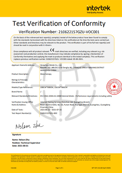 Glass Canopy CE certificate