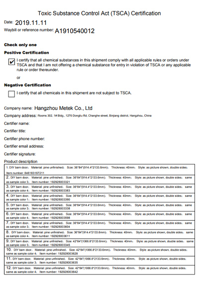 Toxic Substance Control Act (TSCA) Certification